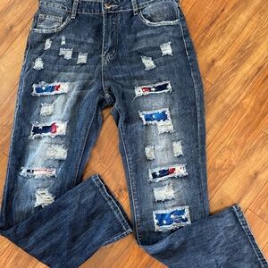 Blue boyfriend jeans with distressed patches 32 x 30 L